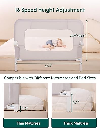Miniatura 3 de BABELIO Barandilla de cama para niños pequeños, 43 pulgadas de ancho con columpio hacia abajo y altura ajustable para niños, ancianosadultos,