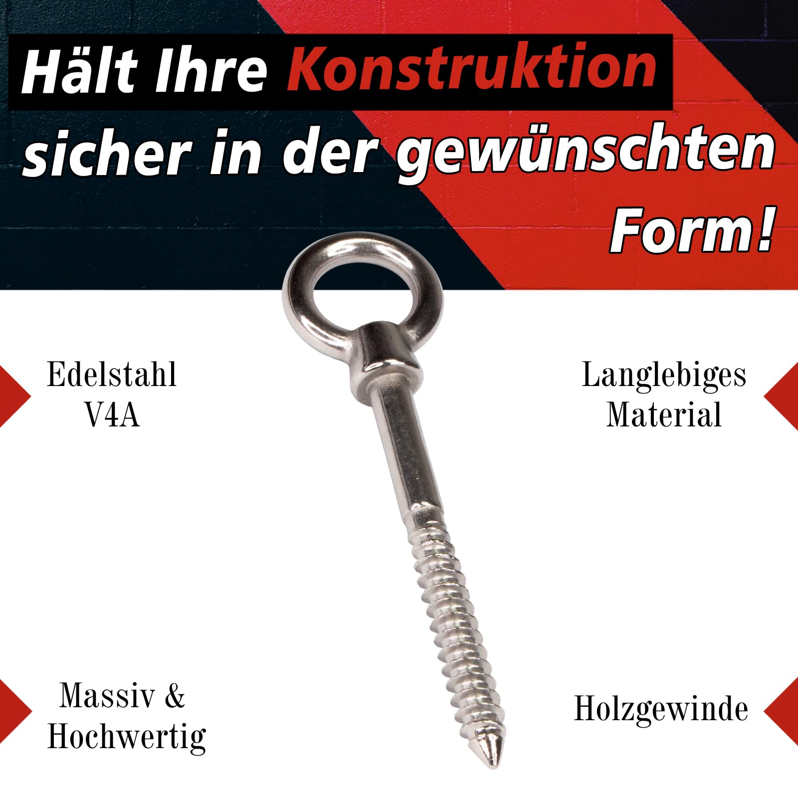 PRIOstahl Bullone oculare con filettatura in legno, vite ad occhiello, dado ad anello, bullone – Dimensioni: 10 x 100 mm, 2 pezzi per il fissaggio per legno, muratura, fune metallica antiruggine in