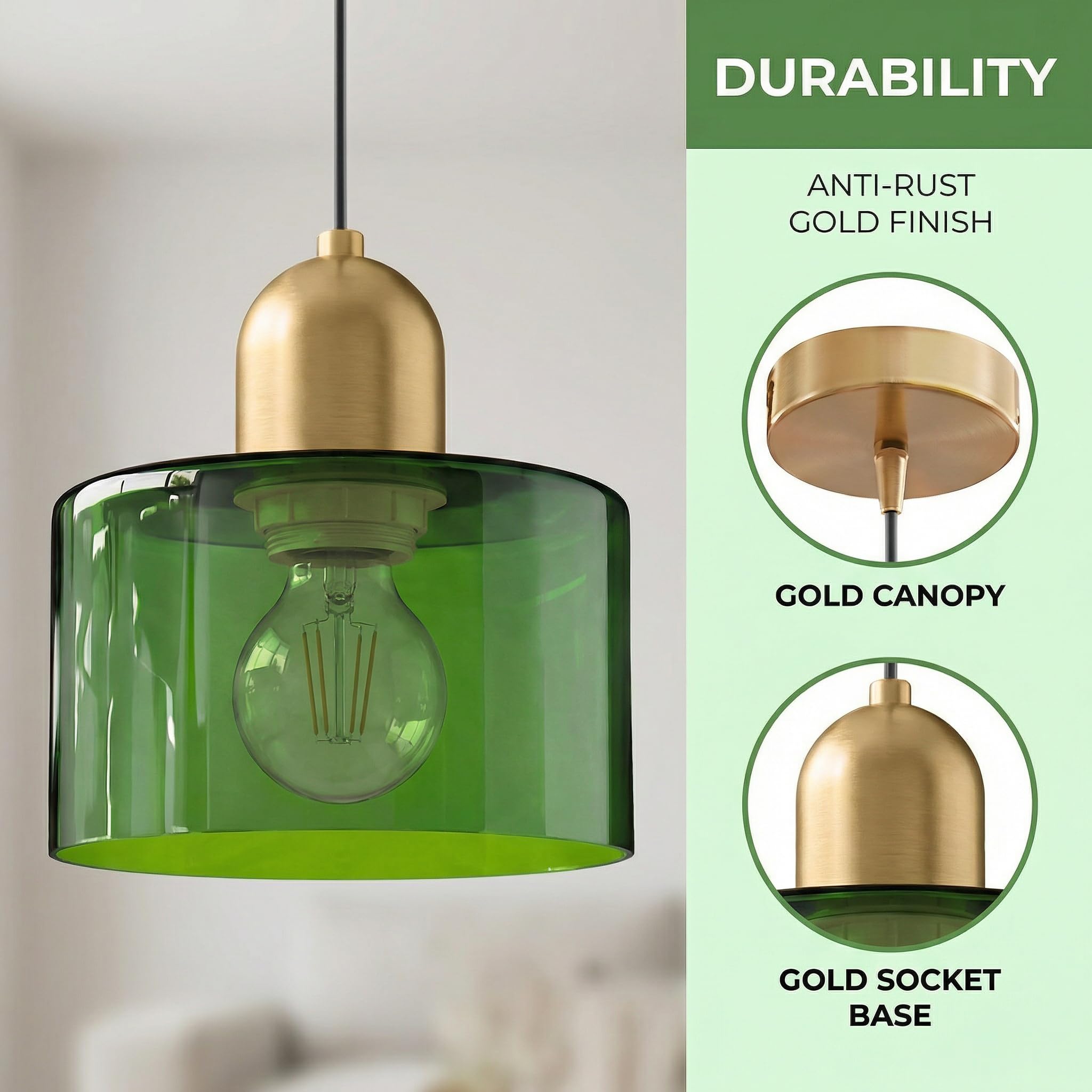 Mini Lampadario in Vetro, Lampada a Sospensione Moderna Retro E27 in Metallo Oro per Sala da Pranzo,Soggiorno,Cucina e Camera da Letto (Verde)