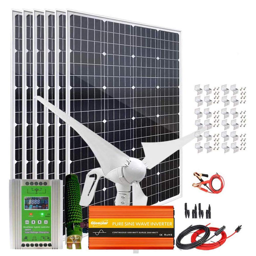 Kit d'alimentation éolienne Slar 1120 W Hme FF-Grid System Chargeur de Batterie 24 V : Panneau MnSlar 6 x 120 W + générateur d'éolienne 400 W + contrôleur de Charge Hybride + onduleur 200 W Peak 400