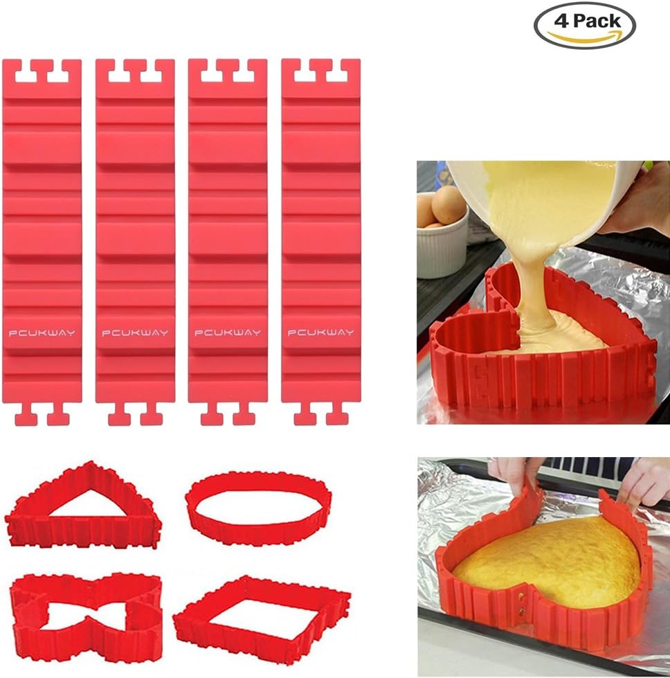 PUCKWAY 4PCS Silicone Cake Mold Pan Magic Bake Snake DIY Baking Mould Tools - Design Your Cakes Any Shape - Heart Butterfly Round Square - about 9 inch(22cm), 6"(17cm), 4"(11cm)
