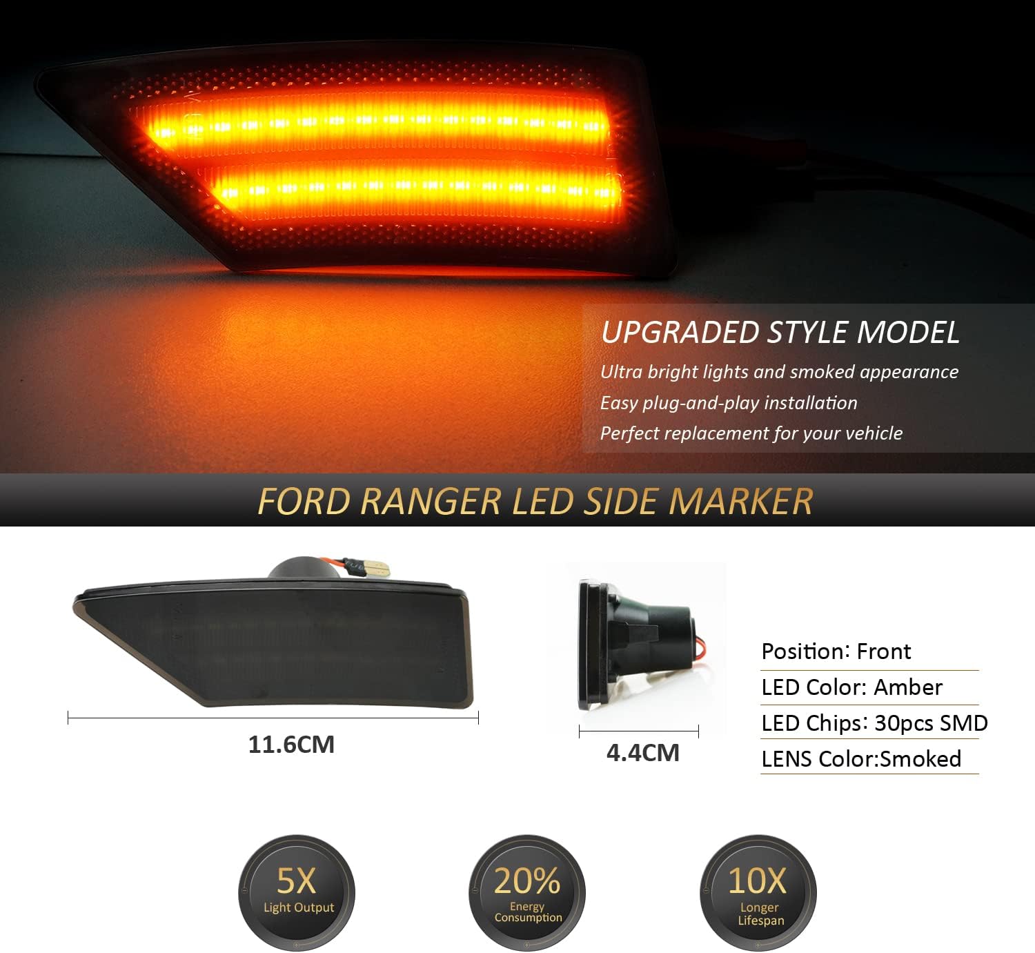 D-Lumina LED Side Marker Lights for Fo-rd Ranger XL XLT Lariat 2019 2020 2021 2022, Smoked Lens Full Amber Dual Rows LED Strips Front Bumper Turn Signal Lights, Pack of 2