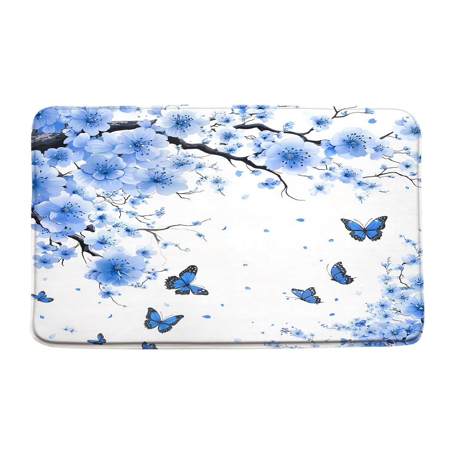 Blue Cherry Blossom Bath Mat Plum Flower Butterfly Asian Watercolor Floral Branch Blooming Falling Petals Nature Aesthetic Bathroom