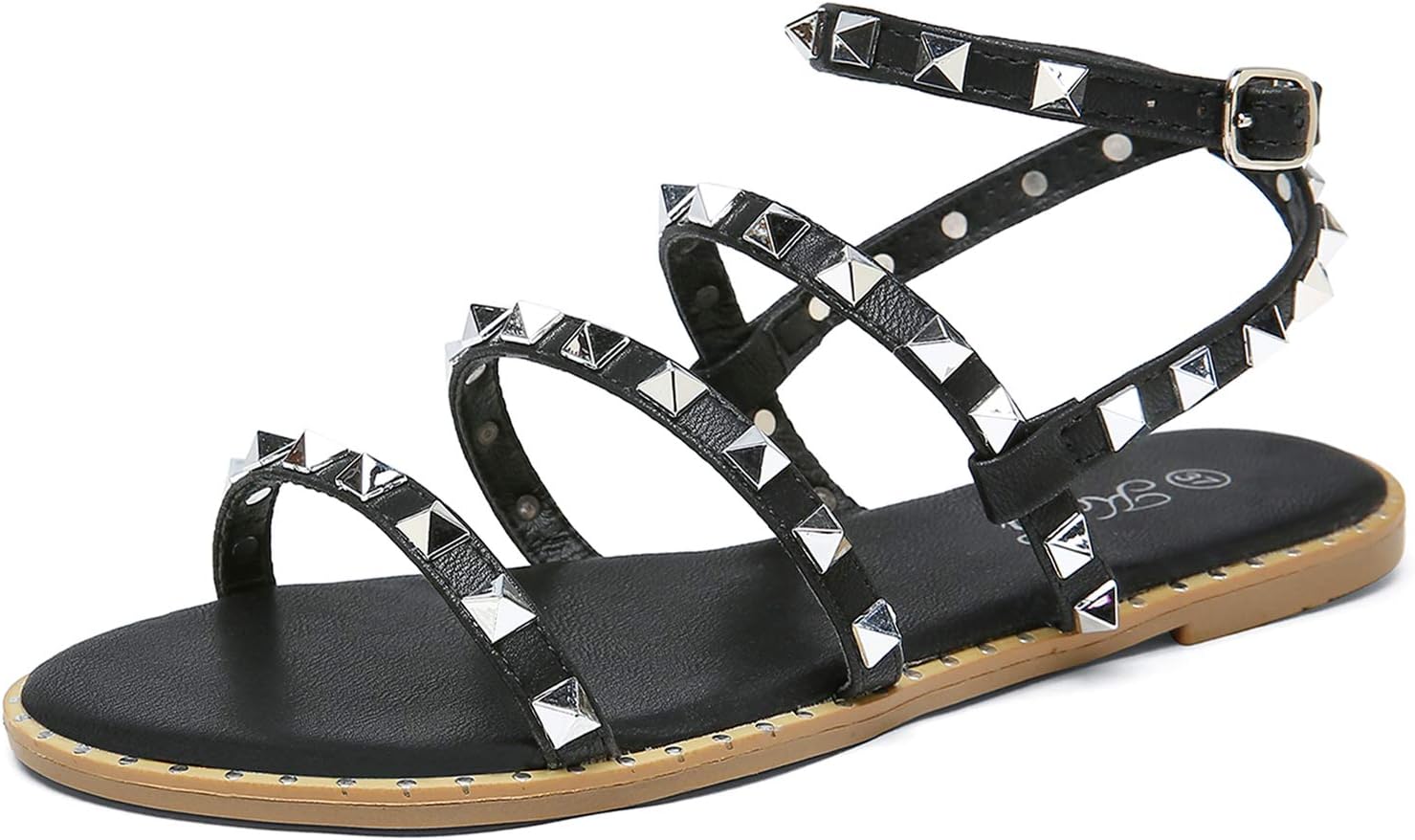 katliu Women's Flat Sandals Strappy Studded Sandals Gladiator Sandals with Ankle Strap