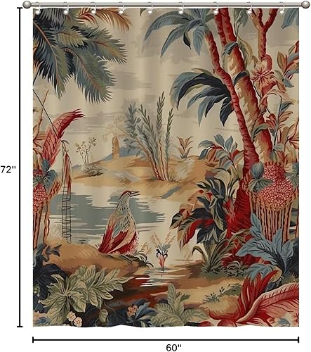 Miniatura 241 de Cortinas de ducha de baño con ganchos, 72 x 92 pulgadas, cortina de ducha de tela impermeable con diseño de flores y pájaros, cortina de ducha