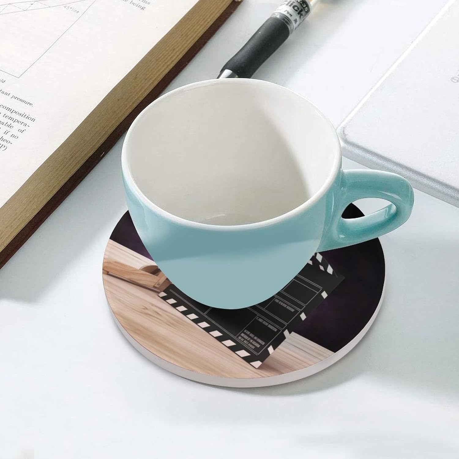 6PCS Movies Clapperboard Coasters Non-Slip Round Drink Coasters with Ceramic Stone and Cork Base, Heat Resistant Absorbent 33.00Stone Coaster Set for Kinds of Mugs and Cups, 4 Inch
