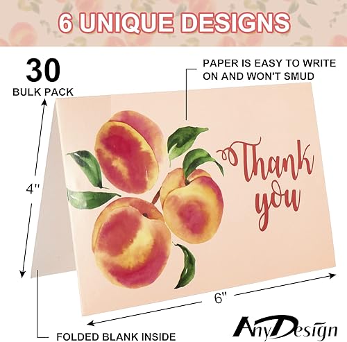 Miniatura 2 de AnyDesign Tarjetas de agradecimiento de melocotón a granel, paquete de 30 notas de agradecimiento en blanco con calcomanías de sello a juego, sobres