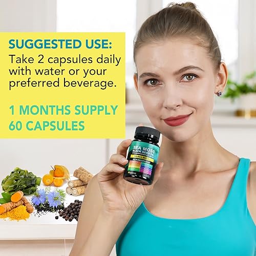 Miniatura 7 de Aceite de semilla negra de musgo marino con ashwagandha y jengibre, cúrcuma raíz de bardana y vitamina C, vitamina D3, suplemento de cápsula