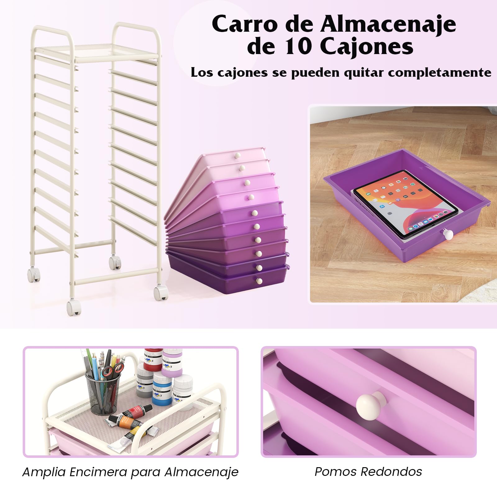 GOPLUS Carrito Auxiliar con 4 Ruedas, Carro de Servicios con 10 Cajones, 2 Ruedas con Frenos, Carro de Almacenamiento de Estructura Metálica para Cocina Oficina Baño (Violeta)