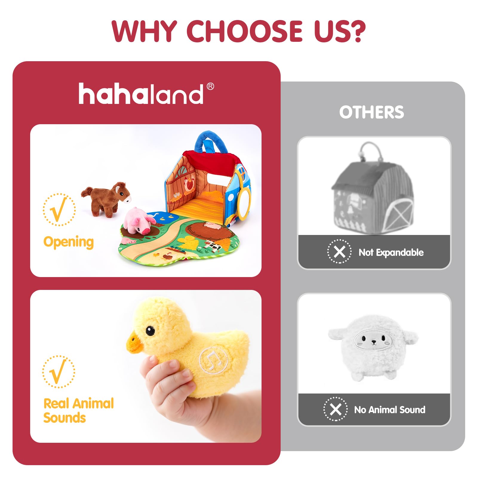hahaland Juguetes Bebes 6-12 Meses - Granja de Peluche con 6 Animales Interactivo, Granero Plegable Blando - Montessori Juguetes Niños 1 año Regalo Bebe 6 12 18 Meses