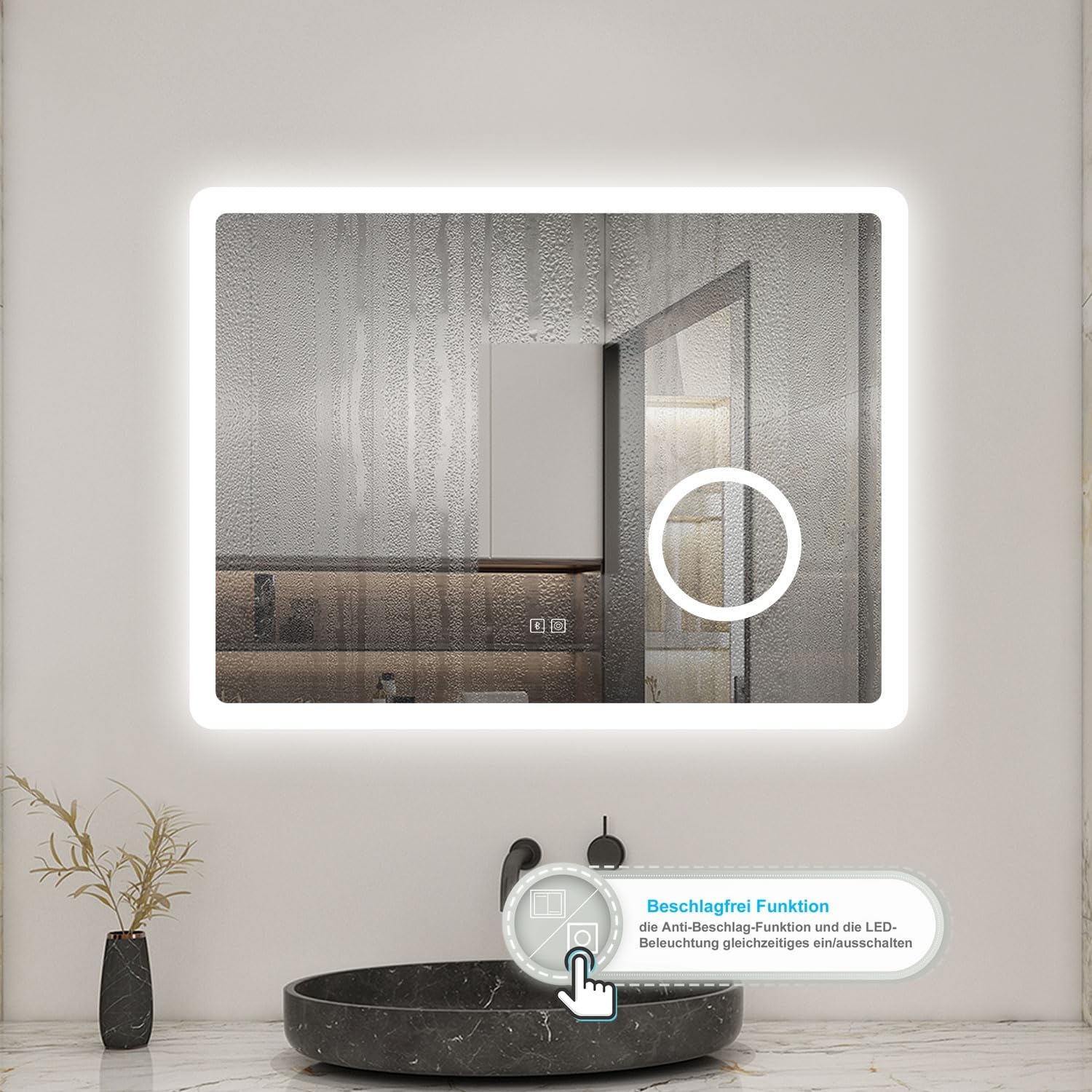 LED Wandspiegel mit Steckdose 80x60cm Bluetooth Beschlagfrei 3 Lichfarbe+Dimmbar Badspiegel mit 3-Fach Vergrößerung Schminkspiegel IP44