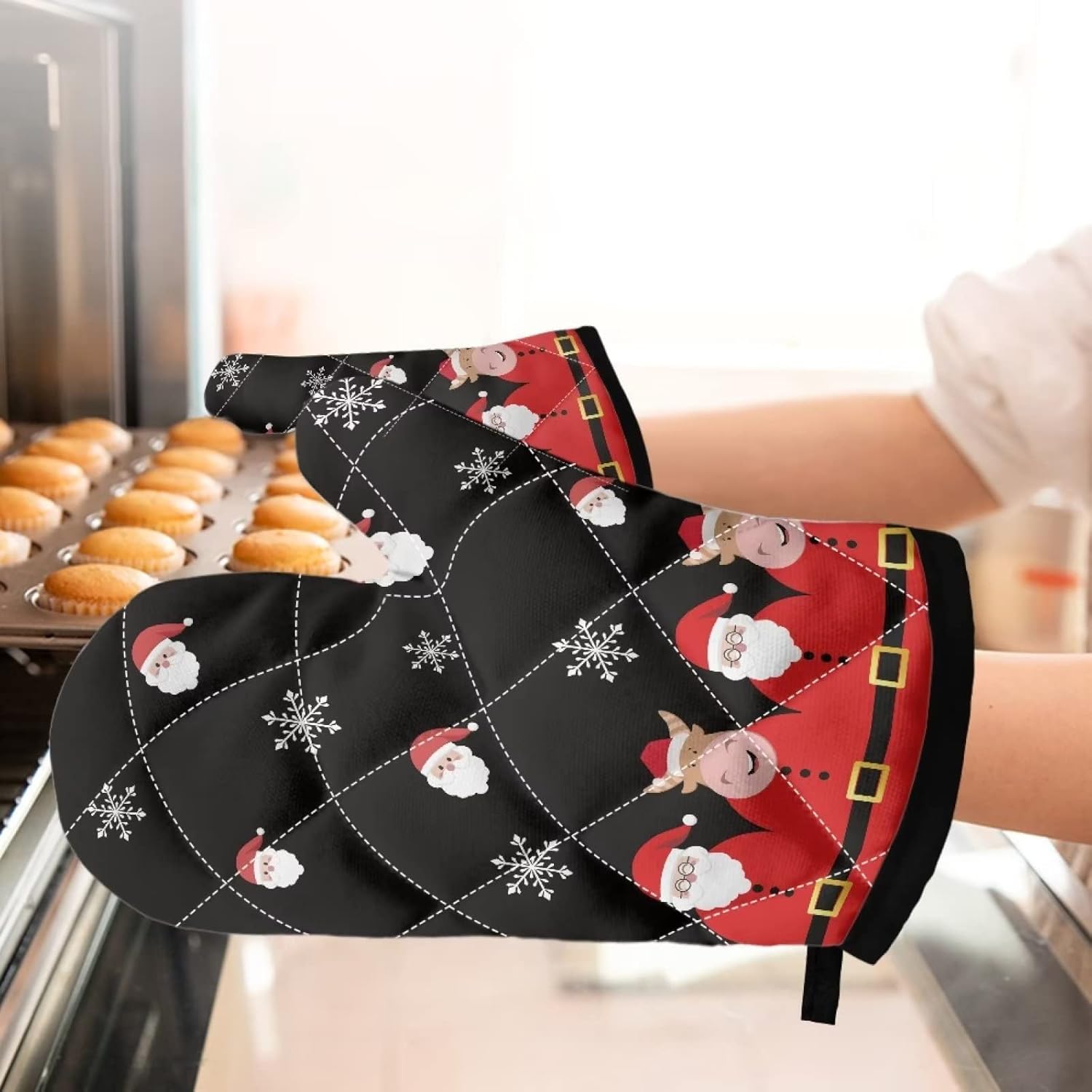 TODIYADDU 4 Pacs X-Mas Santa Claus Snowflake Oven Mitts and Pot Holders Lanyard Quilted Lining Design&Cozy Textured Grip Slip Resistant Oven Mitts Set Used for Baking Cooking