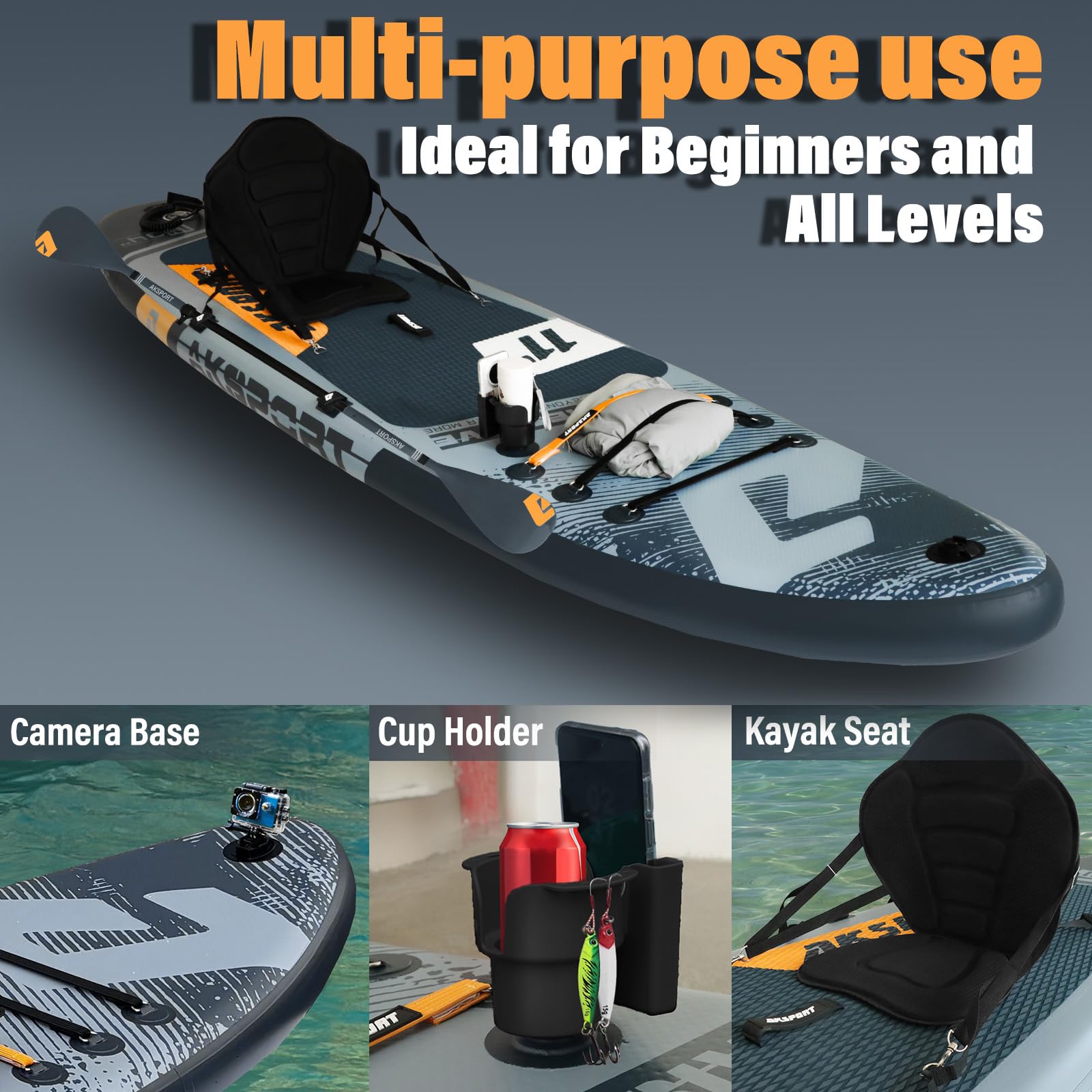 AKSPORT Tavola SUP Gonfiabile, SUP con Tutti gli Accessori, Design Ampio e Stabile, Ponte Antiscivolo, Paddle Board Gonfiabile per Giovani e Adulti