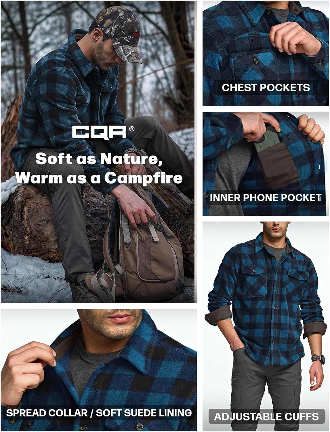 CQR Men's Long Sleeve Heavyweight Fleece Shirts, Plaid Button Up Shirt, Warm Outdoor Casual Shirt with Pockets - Image 7