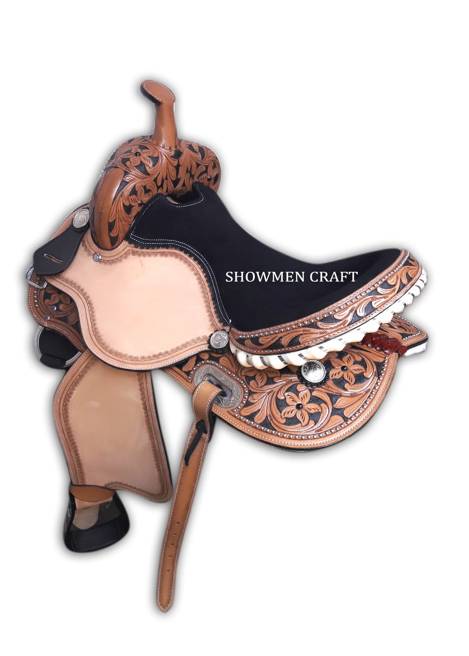 Western Saddle Barrel Racing Style Sella con Pelle Neutra con Testiera e Pettorale