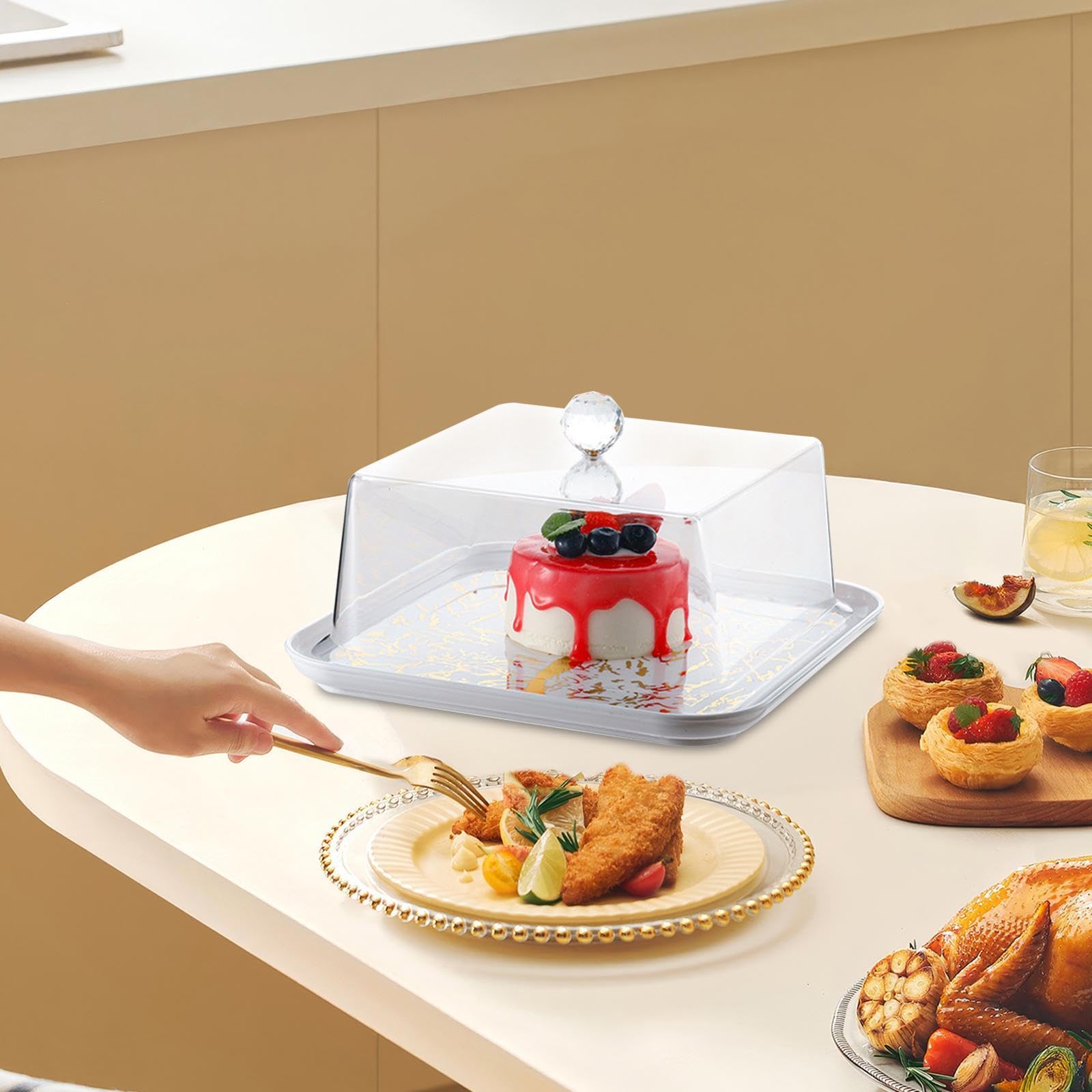 Cúpula acrílica cuadrada dorada para tartas, cubierta transparente aislada para alimentos y postres para fiestas, cocina y comedor, ideal para pasteles y golosinas festivas