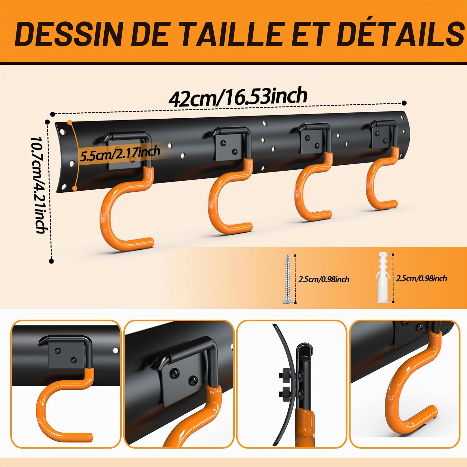 3-H Porte-Outils de Jardin Mural 6x 42 cm | Range Outils Jardin Crochet PVC Antidérapant, Support Mural Multifonctionnel pour Balais, Râteaux, Pelles, Garage, Remise