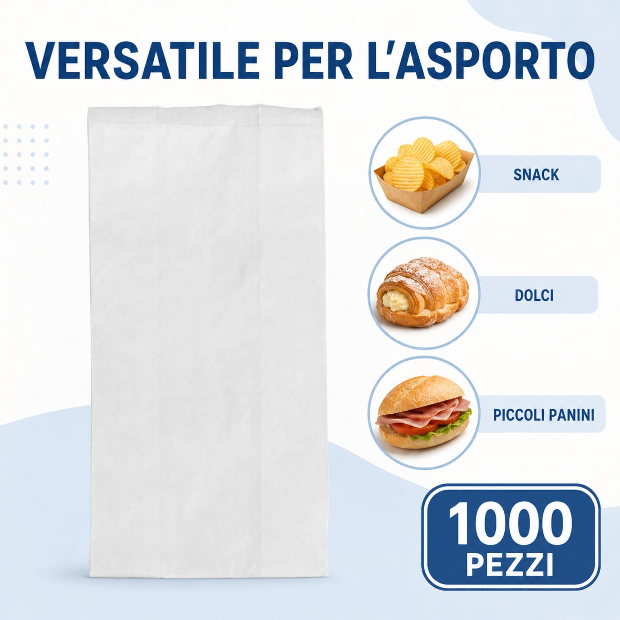 Sacchetti Asporto per Alimenti in Carta, Sacchetti Professionali per Pane, Gastronomia, Panifici e Take Away, Confezione da 1000 Pezzi, Colore Bianco Misure 170 x 340 mm