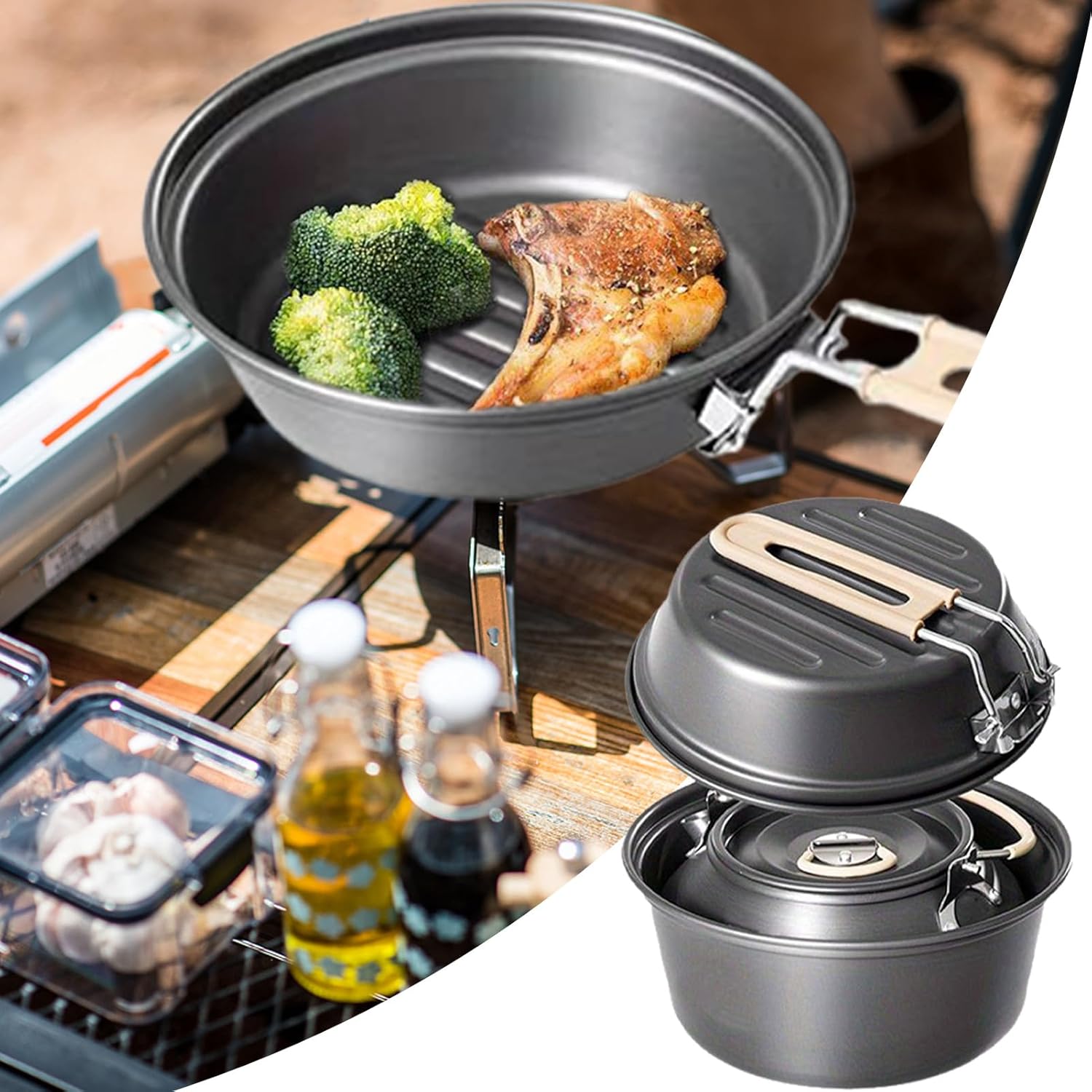 キャンプクッキングセット | キャンピングポットとケトルセット - 焚き火料理 ストゥー BBQ アウトドア ハイキング バックパッ