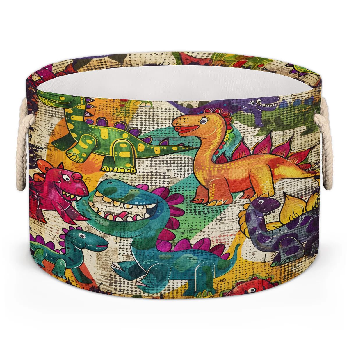 Tablerazzi Dinosaur Funny Animal Large Round Blanket Basket Bin, Blanket Basket for Living Room Collapsible Fabric Laundry Hamper Basket with Handle