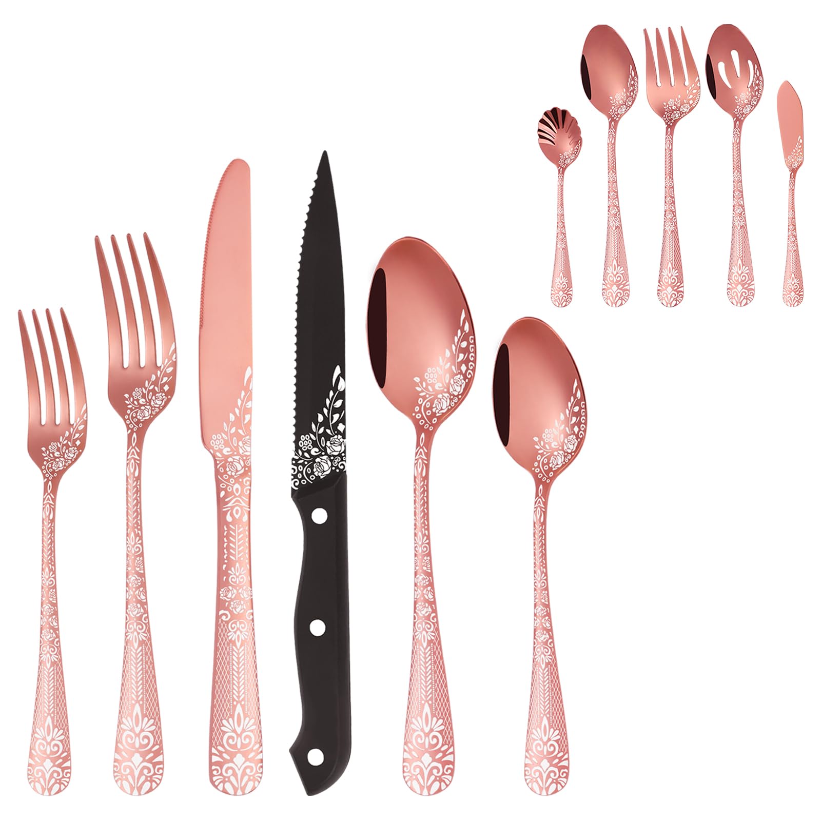 EUIRIOCopper Silverware Set with Serving Utensils Set, 29-Piece Stainless Steel Flatware Set,Kitchen Utensil Set Service for 4,Tableware Cutlery Set for Home and Restaurant, Dishwasher Safe