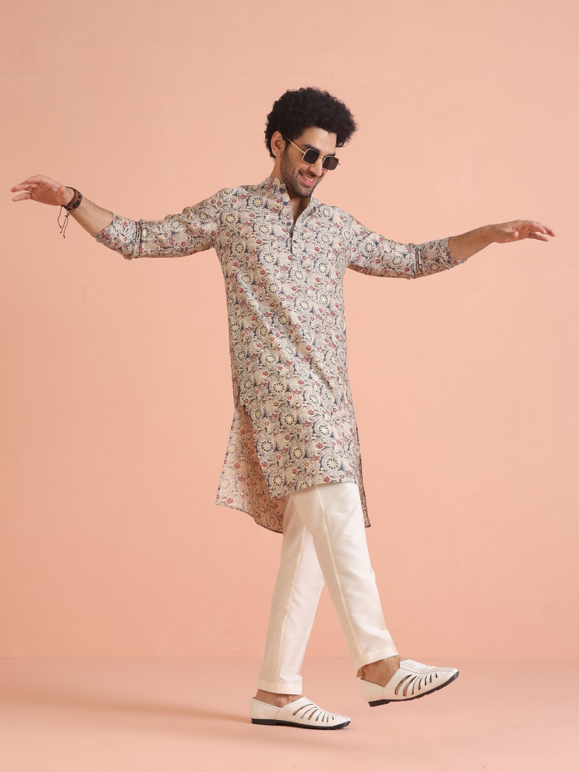 Kisah Men Multicolor Kurta, Cotton, Full Sleaves, Knee Length, Straight, Regular Fit, Mandarin Collar Ethnic Wear