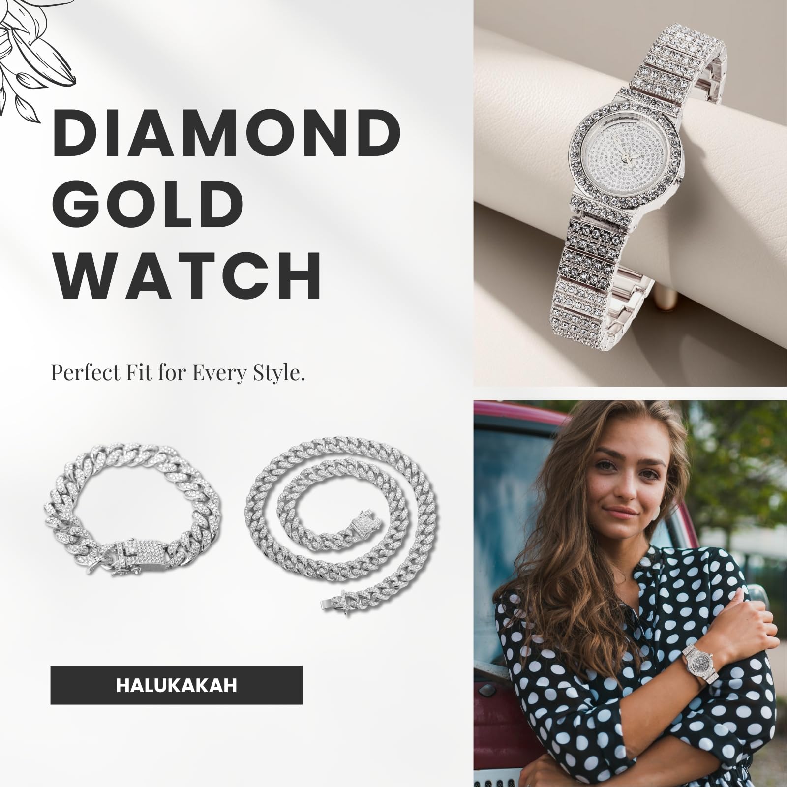 Halukakah Frauen Diamant-Armbanduhr,18k Echtgold/Platin Plattiert,Voller Diamanten Funkelnde Sternchen,Rundes Zifferblatt,Elegant & Lässig,Edelstahlband Quarzuhr,Geschenk für Sie