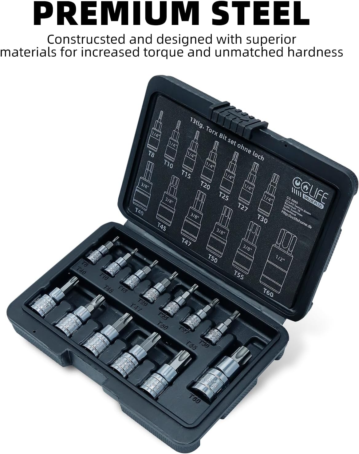 Nadview of the Torx bit set emphasizing premium steel construction