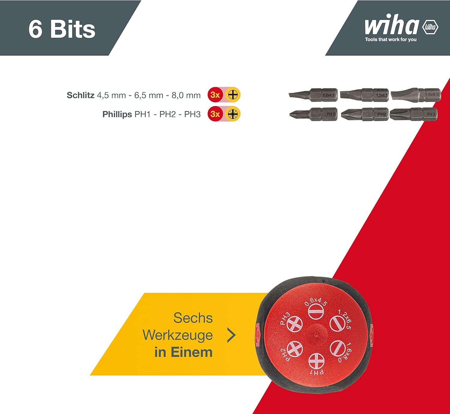 Wiha Stubby Screwdriver with Bit Magazine Magnetic (33736) I Slotted Cross I with 6 Bits, 1/4 Inch