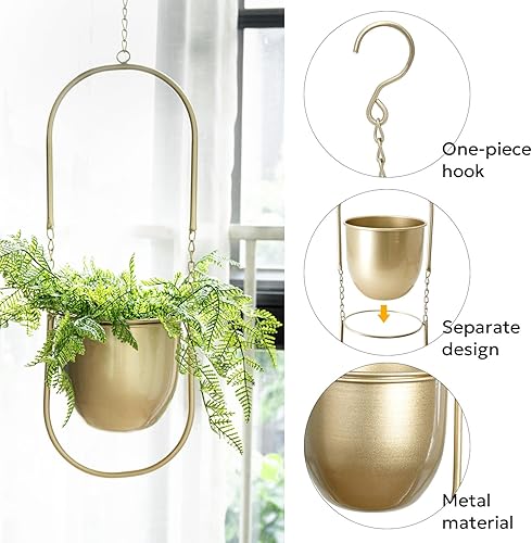 Miniatura 8 de AceList Maceta colgante bohemia para plantas de interior, juego de 2 macetas de pared de metal dorado de 5.7 pulgadas con ganchos y barbillas,