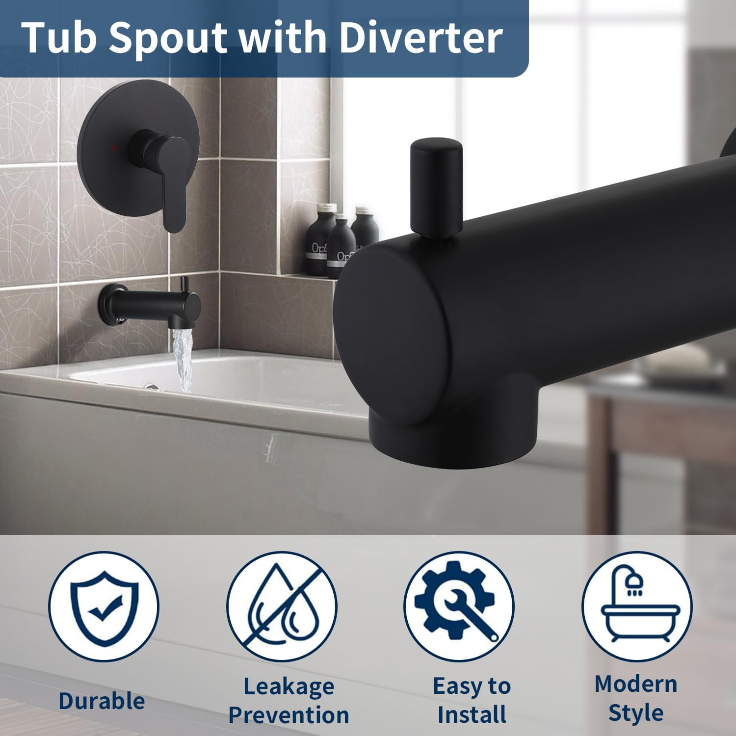 Shower Valve Trim Kit with Tub Spout, Black Showers System Set, Tub Rough-in Mixer Valve Bathroom Trim Kit, Wall-Mounted Bathtub Faucet