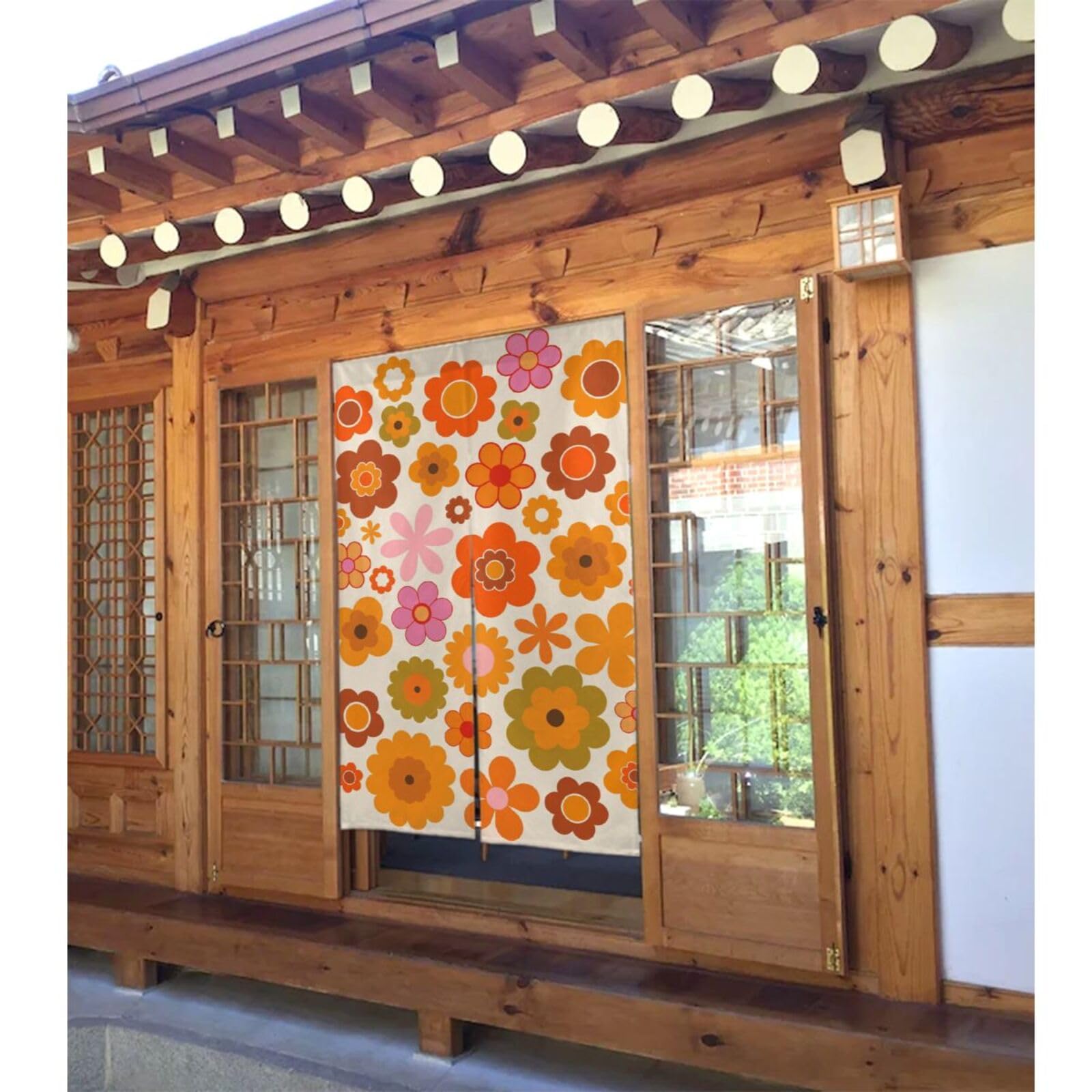 Amazon｜のれん 暖簾 ノレン オレンジ色 ヒッピー ヴィンテージの花 Uv