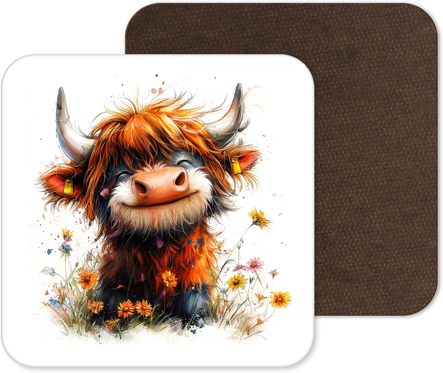 Funny and Cute Highland Cow Coasters - 25 Designs - Funny Retro Square Wooden Coaster (Design 24)