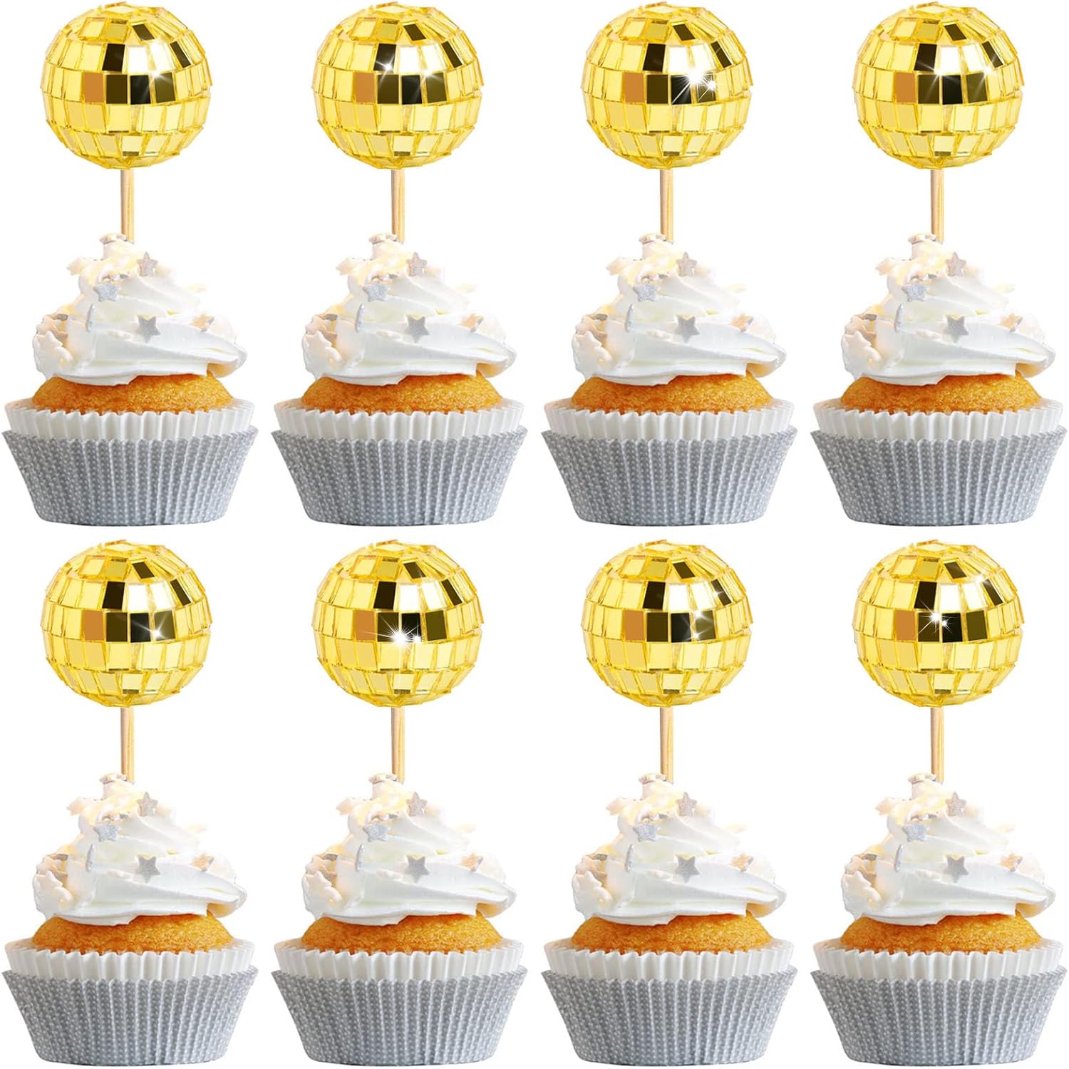 24 PCS Gold Disco Ball Cupcake Toppers, Disco Ball Cupcake