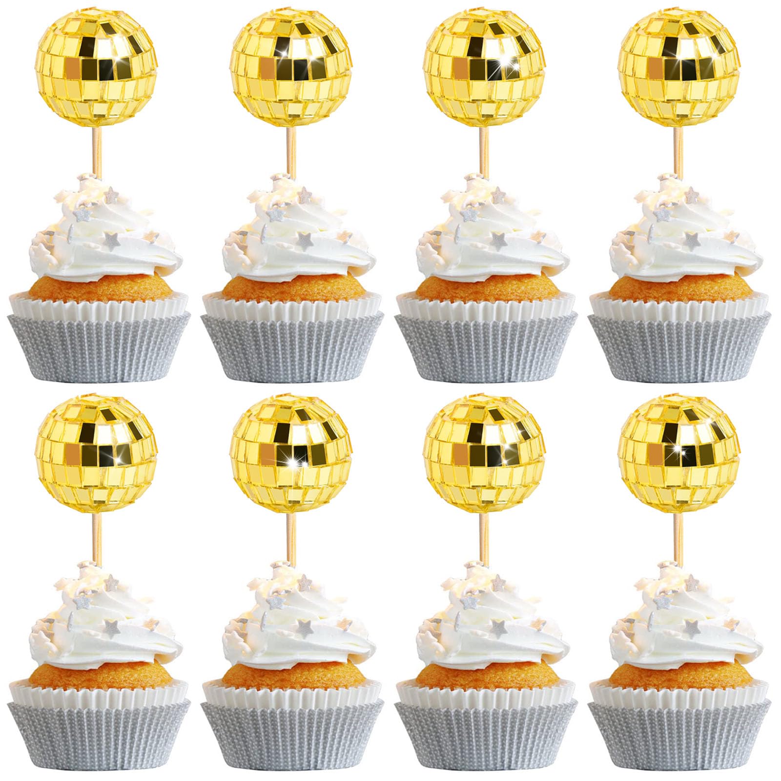 24 PCS Gold Disco Ball Cupcake Toppers, Disco Ball Cake Topper, Mini Disco Ball for 70s Disco Theme Party, 50th Birthday Party Golden Cake Decorations