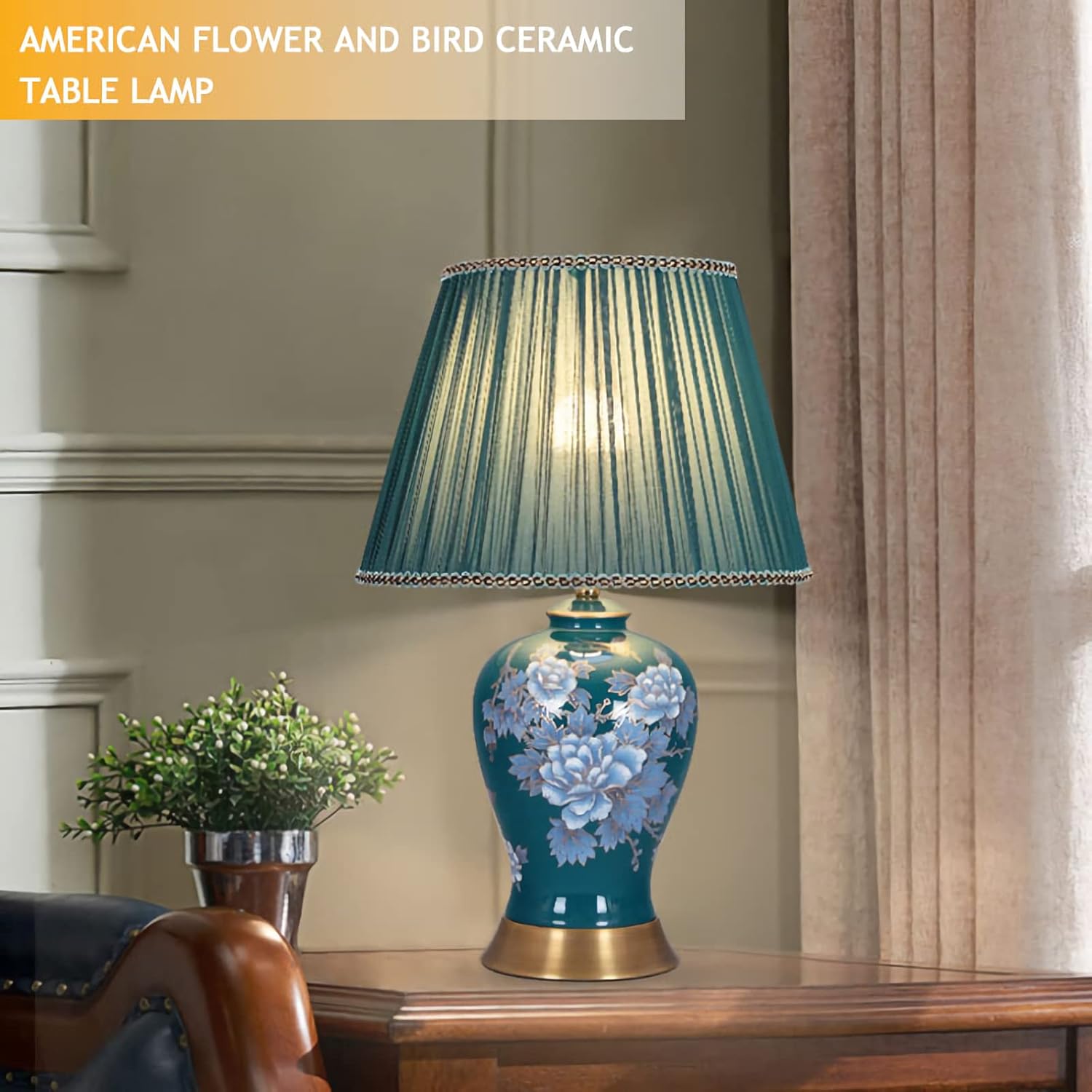 White Flower Ceramics Table Lamp 20.4" Green Chinoiserie Lamps Hand Painted Flower Lamp Body with Blue Fabric Lampshade Beside Lamp for Living Room Bedroom House Nightstand Home Office