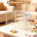 Baby Bottle Storage Organizer for Countertop Cabinet, 3 Tier Adjustable Bottles Station Container, Clear Acrylic Case Box with 2 Removable Dividers and Magnetic Door, Large