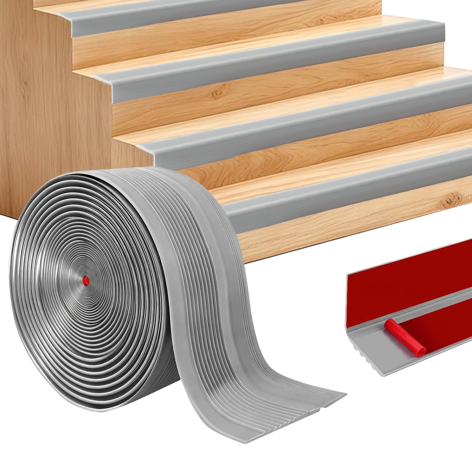 Stair Anti-Slip Nosing, 15M Stair Edge Trim Vinyl Rubber Stair Nosing, Self-Adhesive, Non-Slip and Waterproof, Suitable for Indoor Stairs, (48mm+22mm) Grey