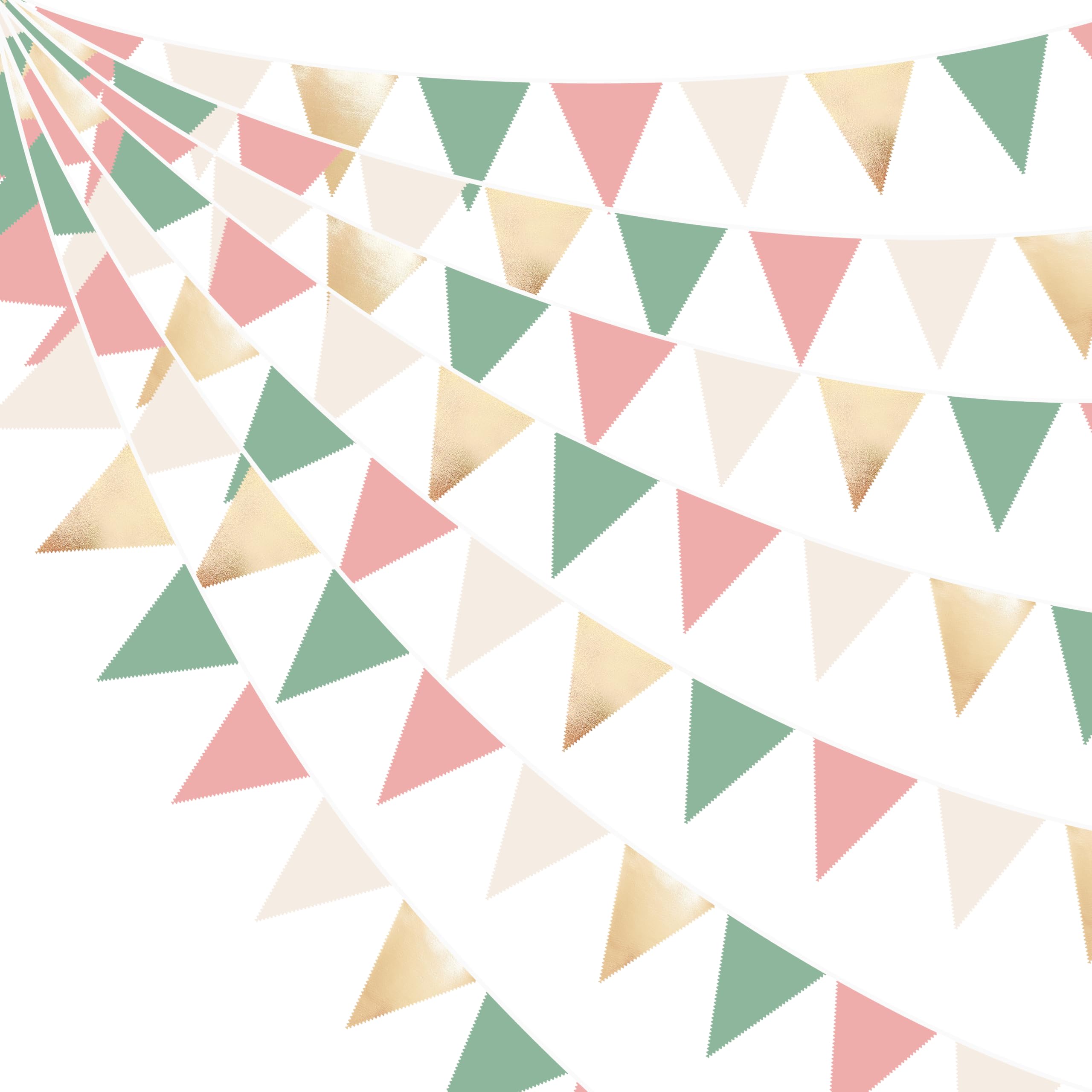 32Ft Sage Green Dusty Pink Champagne Gold Banner Triangle Flag Party Decorations Gold Green Pink Fabric Pennant Bunting Streamer for Jungle Woodland Safari Camping Birthday Baby Shower Garden Party
