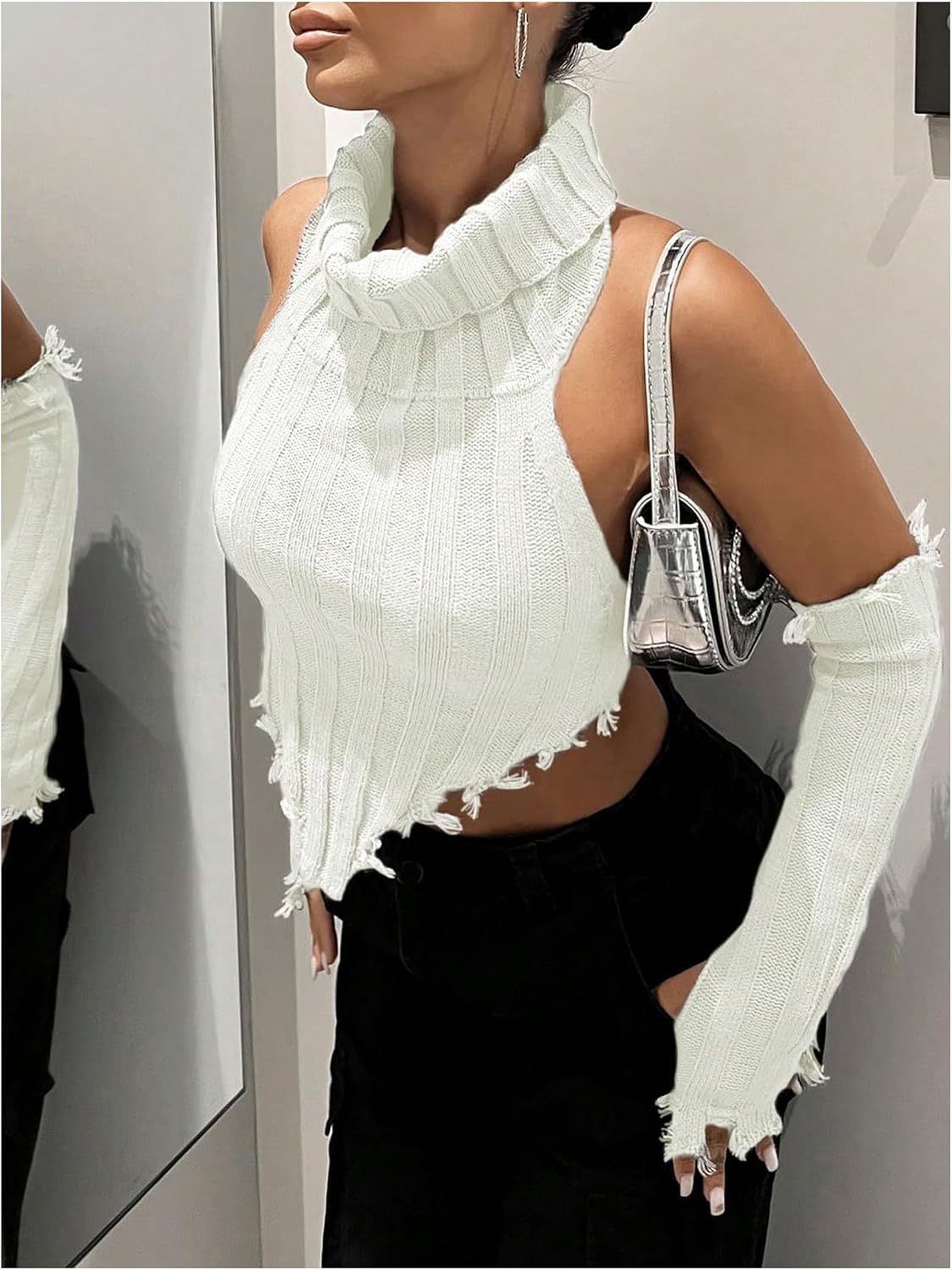 SHENHE Women's Sleeveless Turtleneck Ripped Sweater Vest Sexy Backless Halter Knit Crop Top Vest