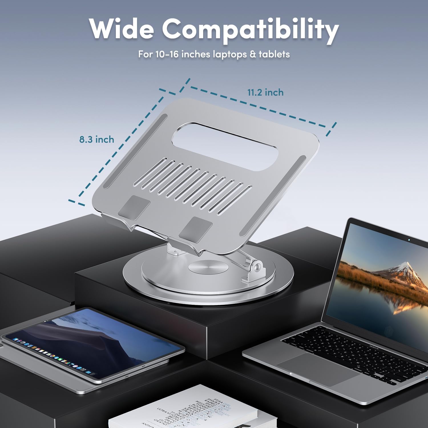 Lifelong - Supporto regolabile per laptop con base girevole a 360°, supporto ergonomico per computer da scrivania, supporto pieghevole e portatile, adatto a tutti i MacBook