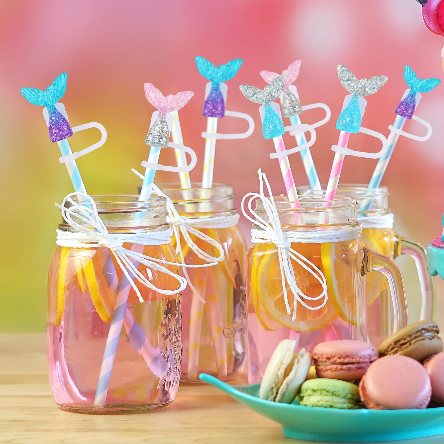 JarThenaAMCS 6pc Mermaid Silicone Reusable Straw Toppers - Diamond Ocean Design, Pink, Purple, Blue - 10mm/0.4In Straw Lids Protectors for 30/40 OZ Tumbler Cups - Image 7