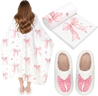 Pink bow flannel blanket and fluffy non-slip slippers
