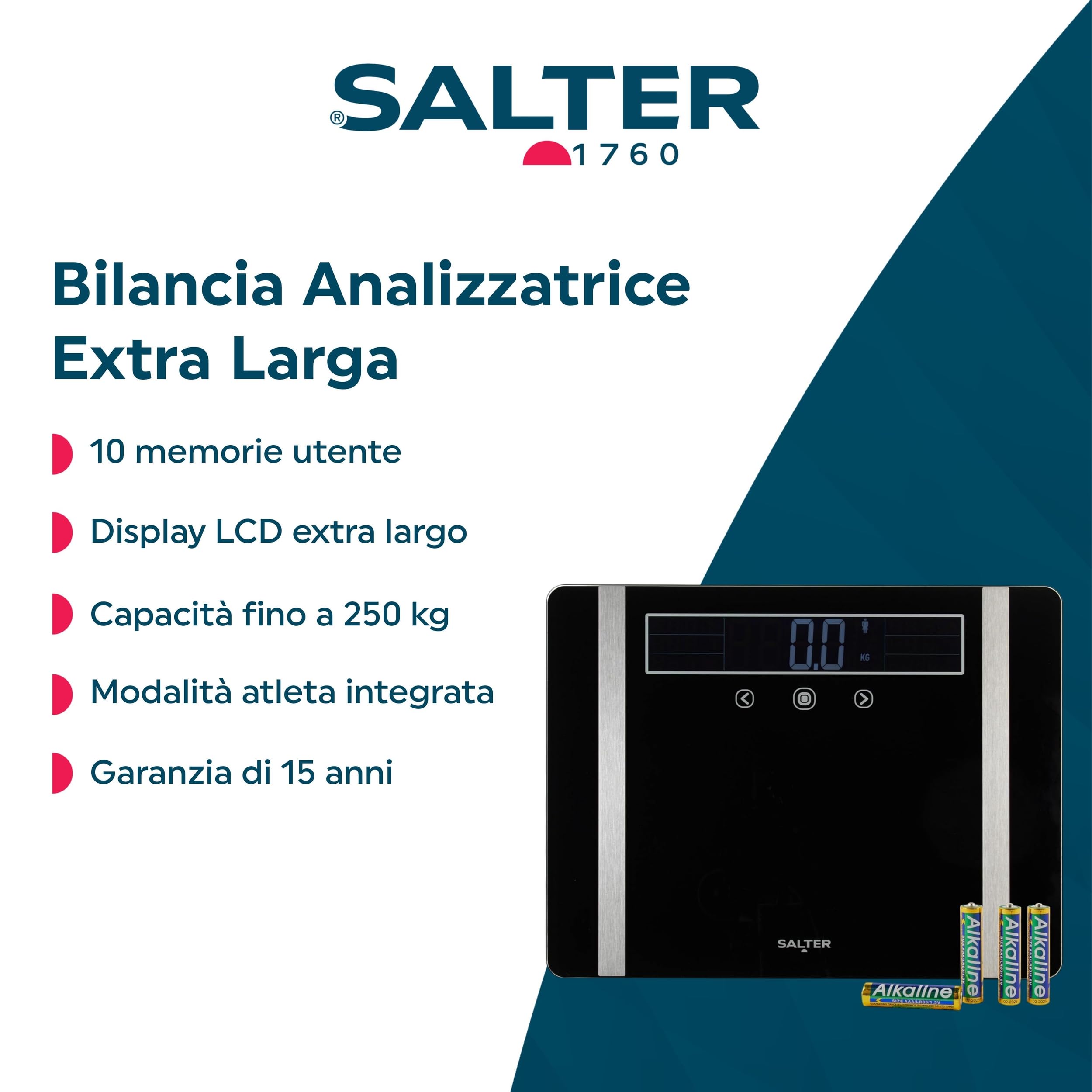 Salter Bilancia analizzatrice extra larga – Bilancia digitale da bagno per peso corporeo/grasso/acqua, BMI/BMR, massa muscolare/ossea, 10 memorie utente, letture istantanee, capacità 250 kg