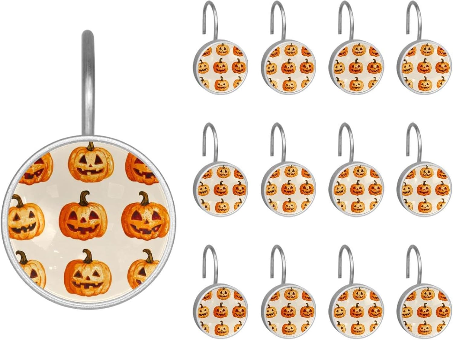 Set of 12 Shower Curtain Hooks, Shower Curtain Rings Crystal Glass Decorative Bathroom Hook, Halloween Pumpkins Bats Skull