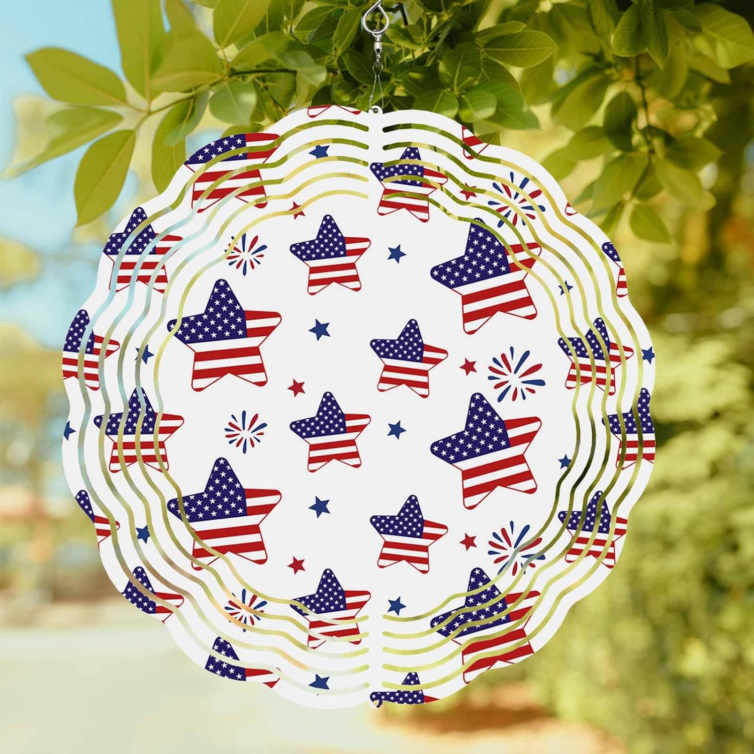 Independence Day Stars Red Stripes Fireworks Wind Spinner for Garden Yard 3D Stainless Steel Hanging Wind Spinners, Patriotic Blue Star 4th of July Spinners Outdoor Metal Decor for Lawn Patio Home
