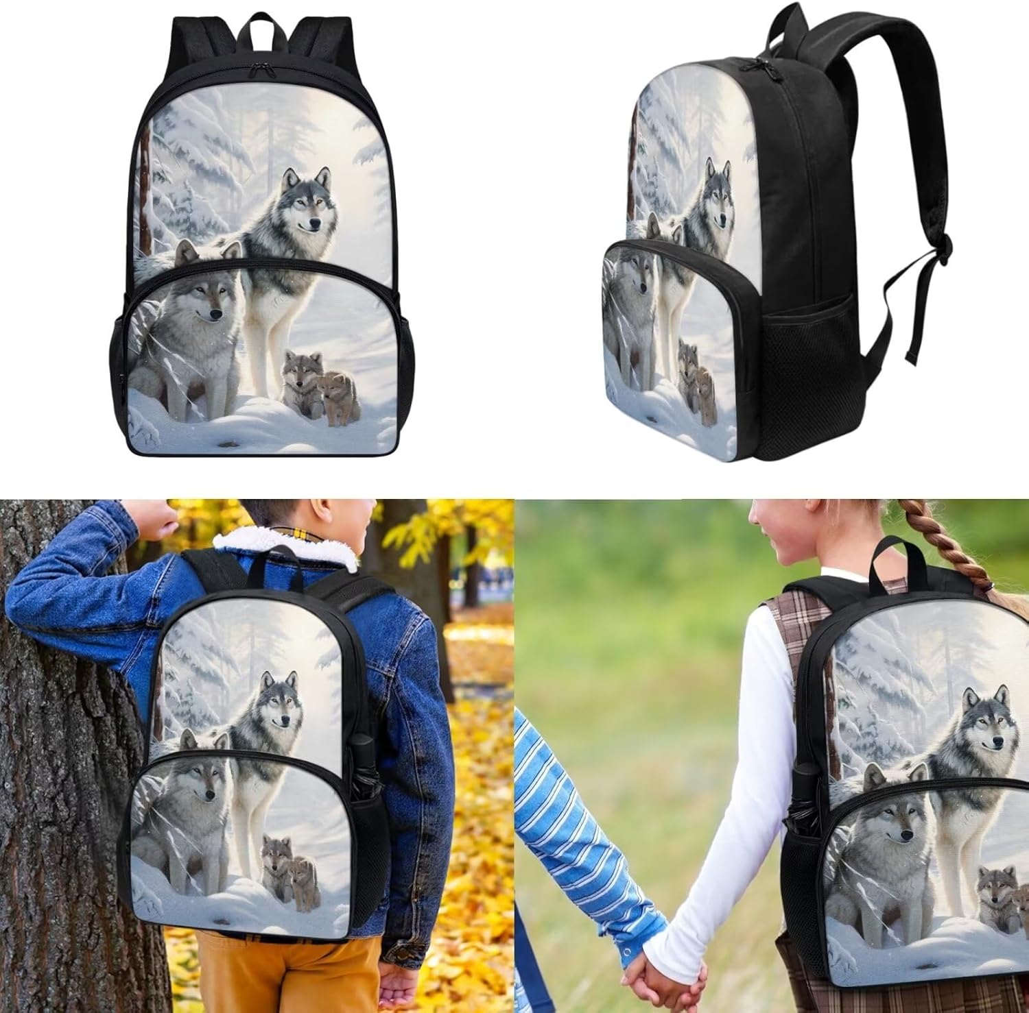 Wolf Kids Backpack 8-10 Years Old Trendy School Bag for Elementary Boys Girls 5 Grade 3Pcs Daypack with Lunch Bag Pencil Case for School & Travel