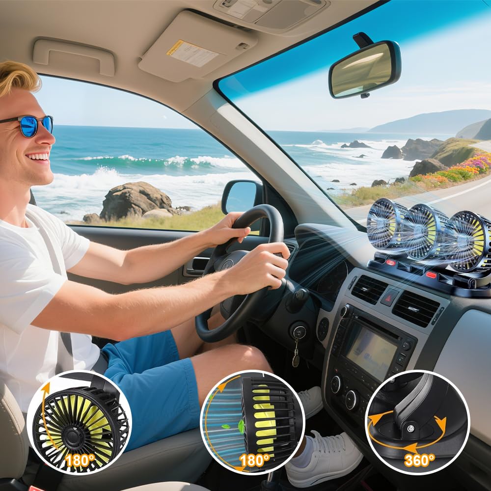 Lotvic Ventilateur de Voiture à Trois Têtes avec 2 Modes de vent fort et Rotation à 360°, Ventilator Auto pour SUV, RV, Camion, Van, Véhicules