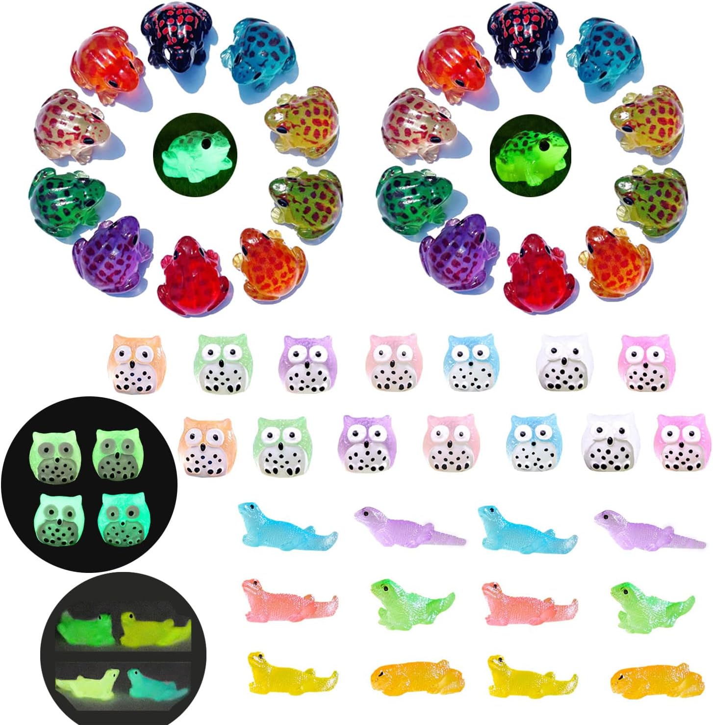 46 Pcs Luminous Mini Resin Animals - Tiny Frog, Owl & Lizard Figurines Glow in The Dark for Fairy Garden, Plant Décor, Crafts, Micro Landscape