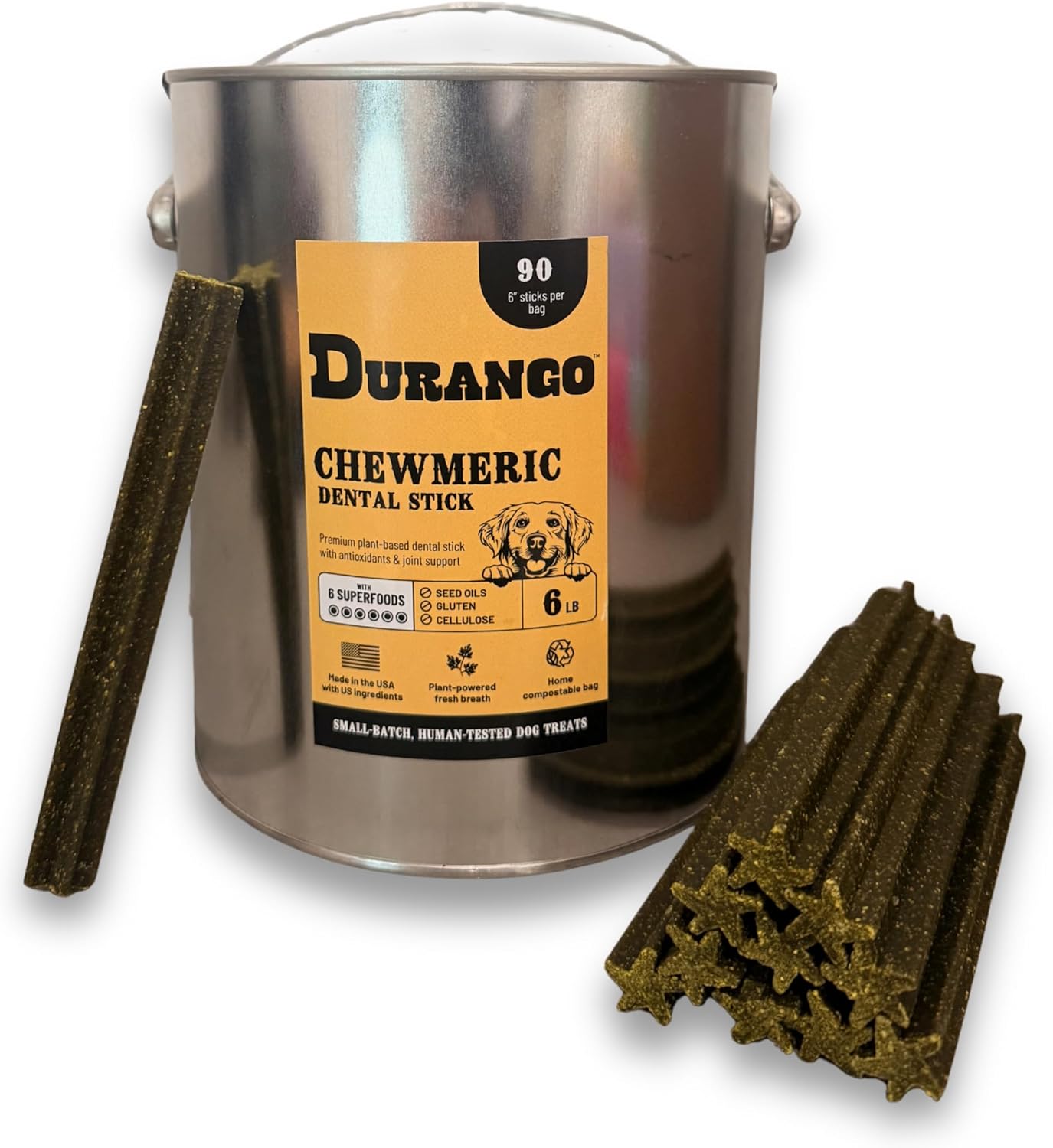 Durango Chewmeric Dental Sticks for Dogs | Grain-Free, Vegan Dental Chew with Turmeric & Spirulina for Fresh Breath & Joint Support | Plant-Based and Made in USA | 90 Count